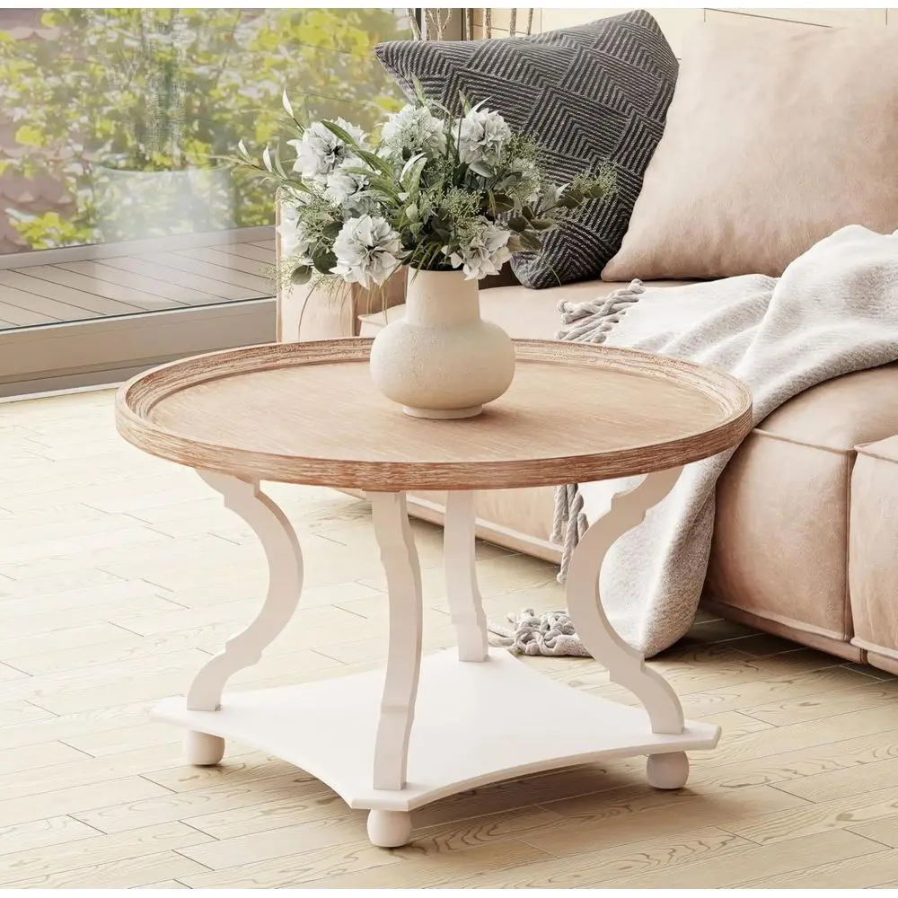 Round Rustic Coee Table Wood Tray Top Accent Centerpiece Storage | Coee Table with Storage, Rustic Coee Table, Small Round End T