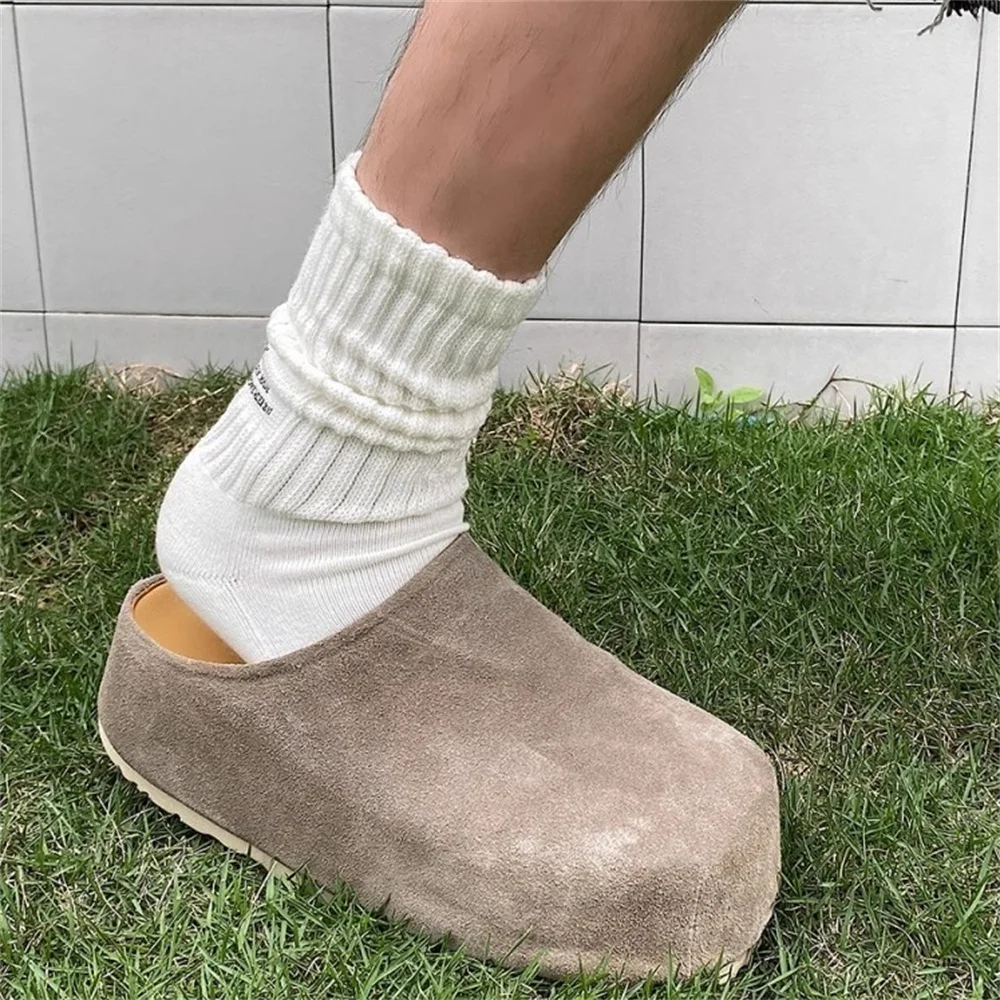 

Cow Suede Leather Soft Sole Slippers for Men Summer New Style Height Increase 5cm Outside Lazy Slip On Casual Trendy Mules