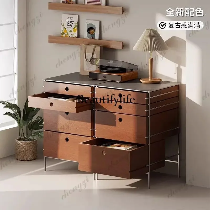 Stainless steel solid wood chest small apartment multi-layer storage designer locker living room porch side cabinet