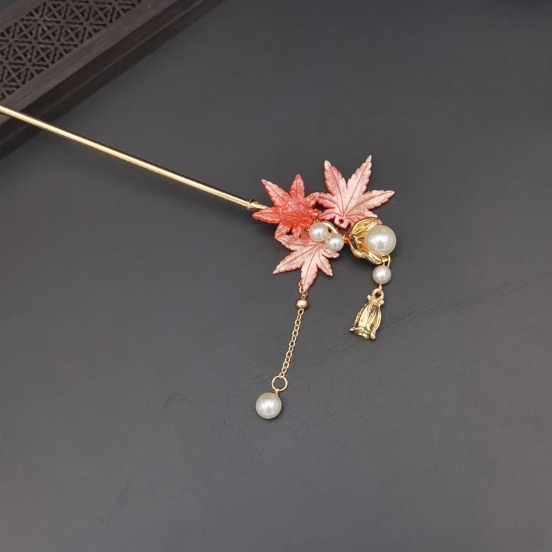 Maple Leaf Hairpin Chinese Hair Stick Pearl Tassel Hair Bun Jewelry Vintage Girls Hanfu Cosplay Hair Clasp Chopstick Retro Tiara