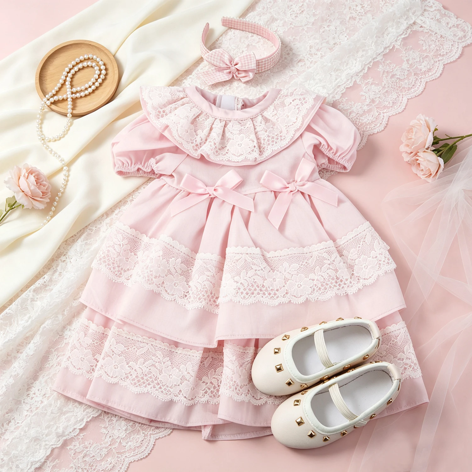 Pink Lace Doll Dress with Bow Decor + Rivet Shoes Fashion Doll Outfit Suit For18 Inch American & OG Girl Dolls Accessories Gift