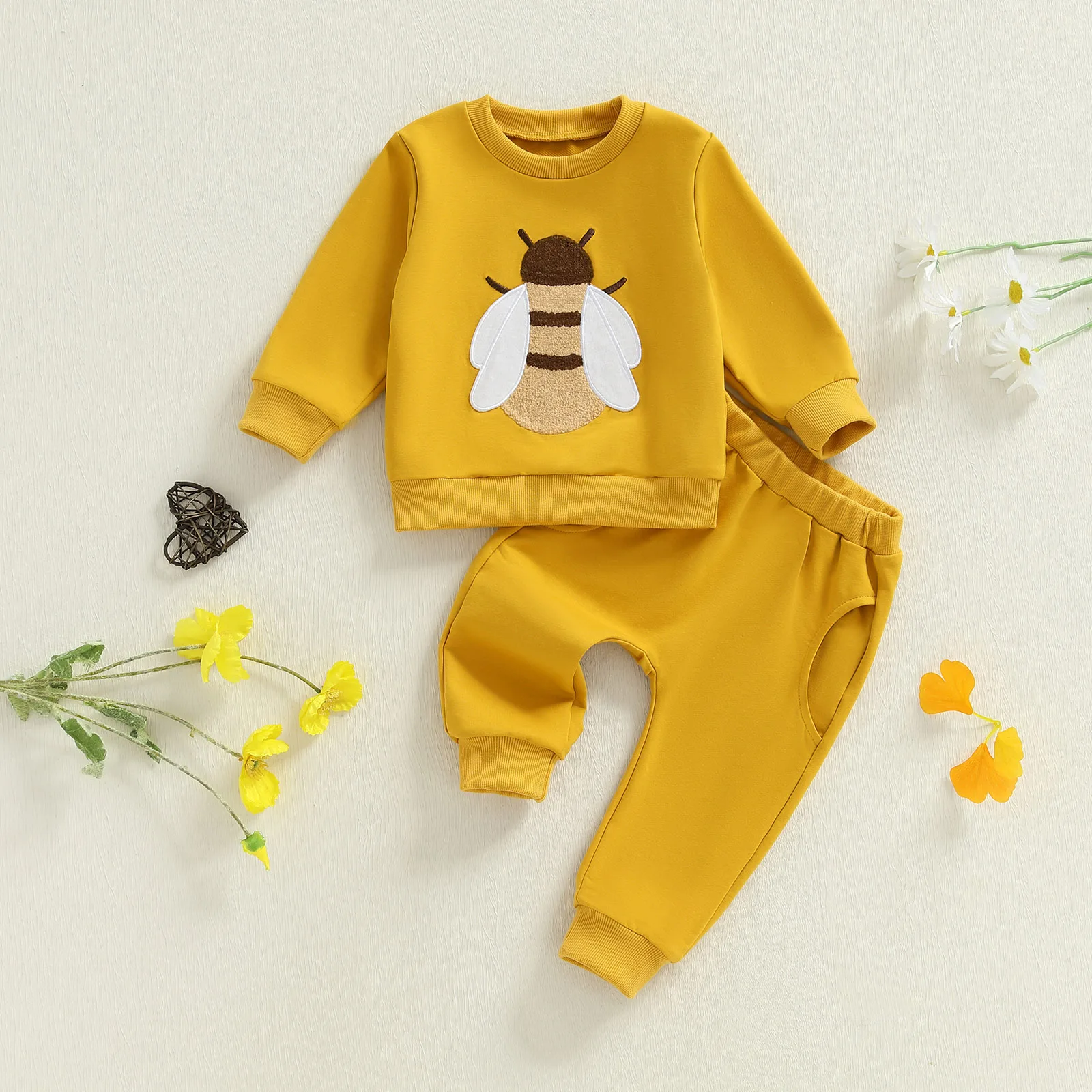 

1-4Y Baby Kids 2Pcs Fall Outfits Long Sleeve Bee Embroidery Sweatshirt Tops Pants Set Kid Clothes Set