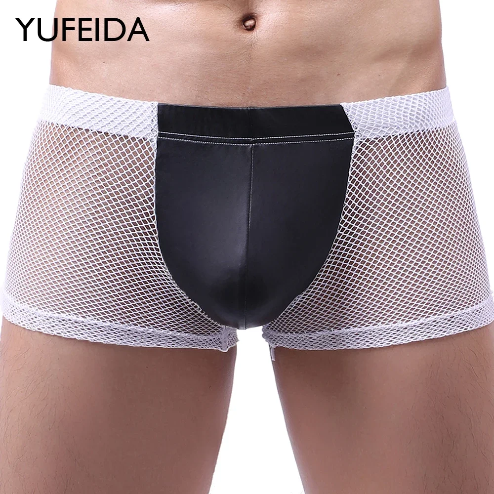 

YUFEIDA PU Leather+Mesh Boxer Shorts Men Big Penis Pouch Breathable Boxers Male Sex Underwear Nightclub Wear Transparent Trunks