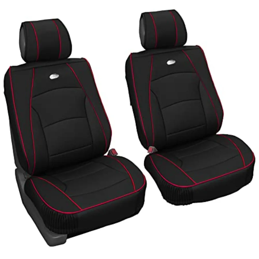 

Front Set Faux Leather Car Seat Cushions - 2 Pack Waterproof Seat Covers for Cars Trucks SUV Universal Fit Black with Red Trim