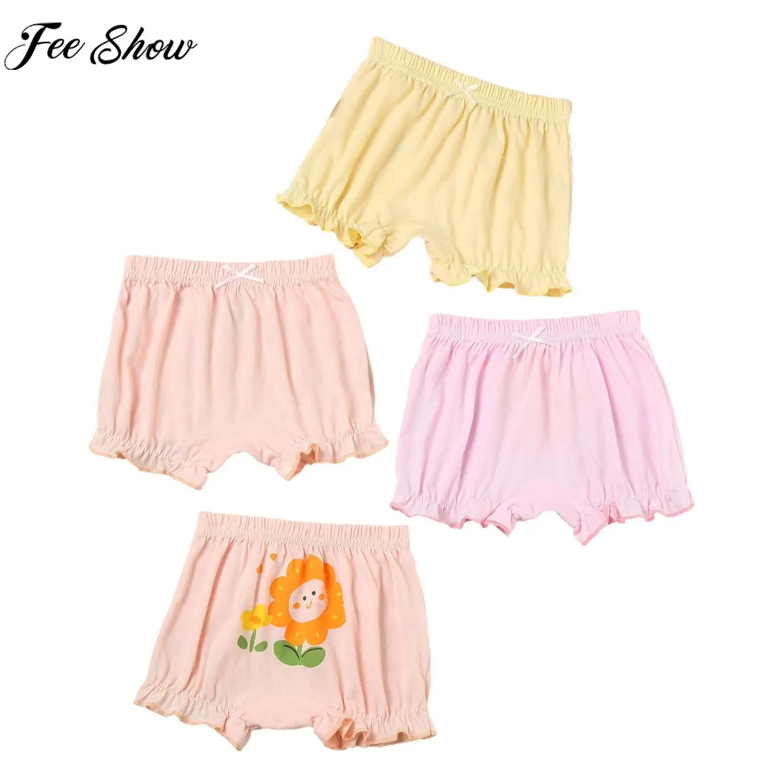 Baby Girls Summer Sweet Casual Cotton Shorts 4Pcs Cute Print Ruffled Bloomers Diaper Covers Daily School Home Wear Sleepwear