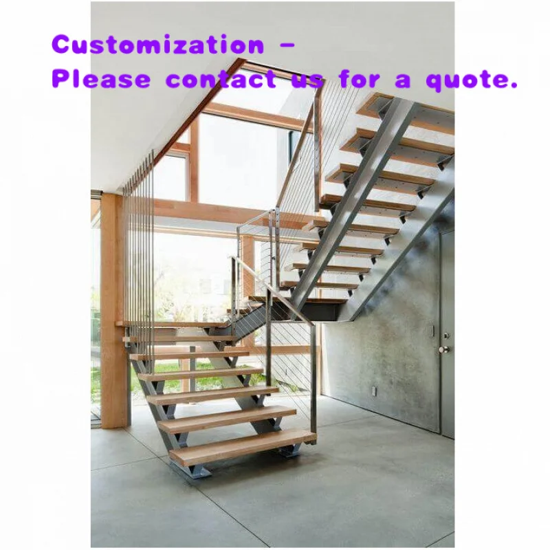 custom.Steel Wood Double Beam Staircase Duplex Attic Indoor Home Loft Staircase Straight Ladder Custom Steel Frame Stairs
