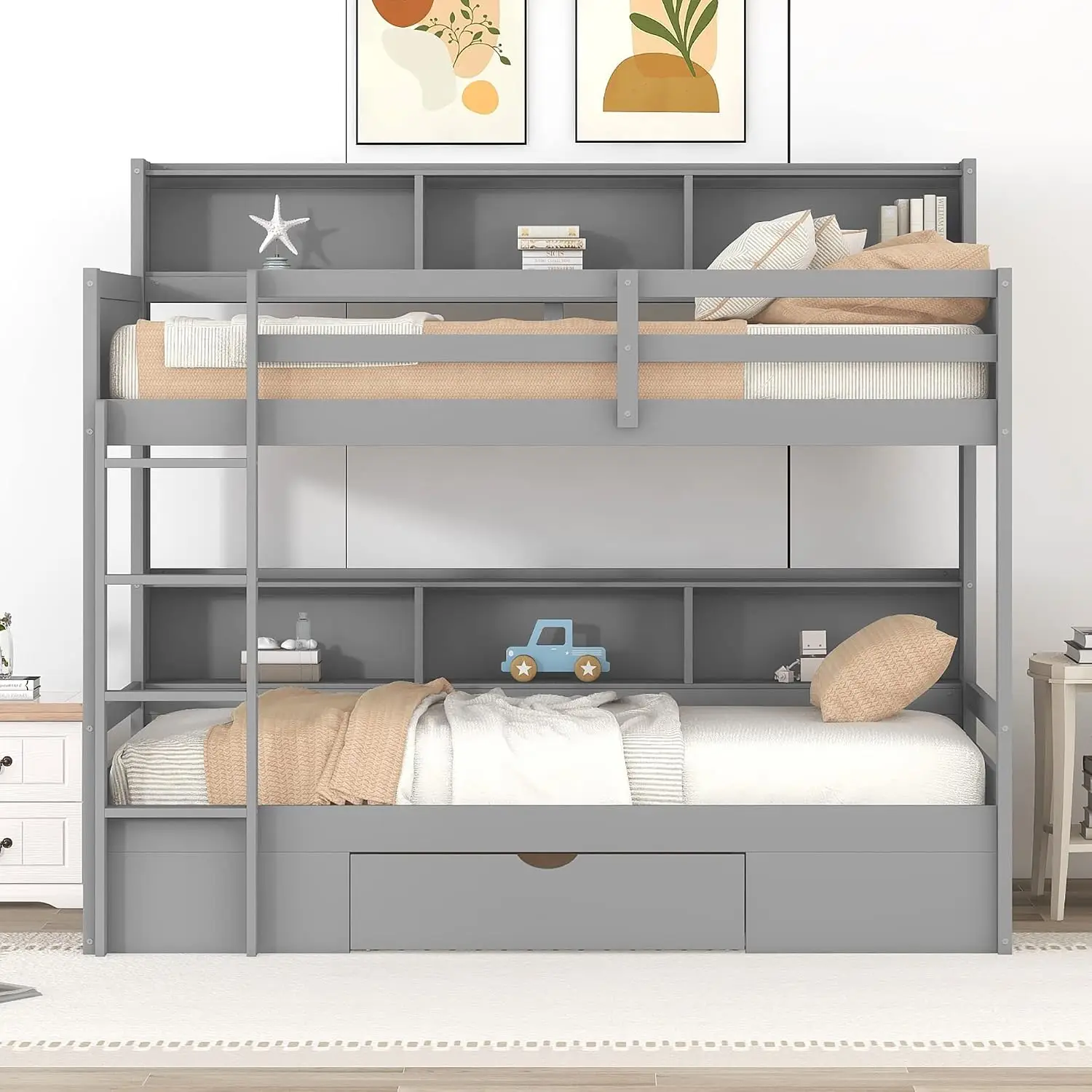 Wood Twin Over Twin Bunk Bed with Drawer & Guardrails No Box Spring Needed, Customized