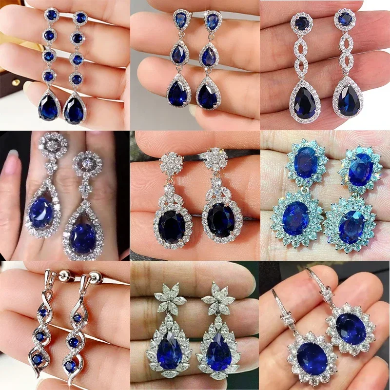 Blue Cubic Zirconia Dangle Earrings for Women Temperament Engagement Wedding Accessories Anniversary Gift Fashion Jewelry