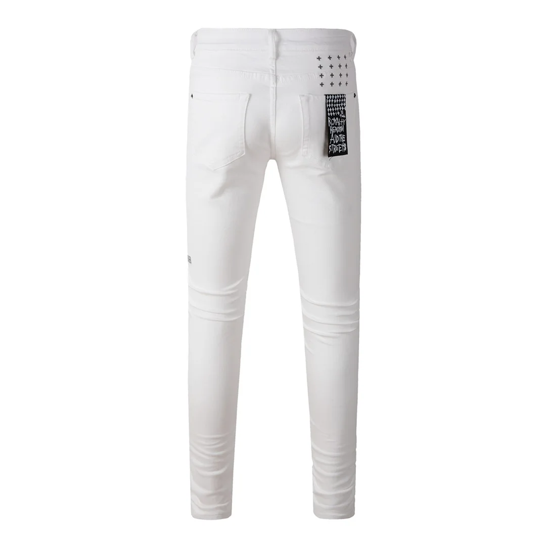 Pure White Fashion Men Jeans KSUBI Cross High Street Hole Trend Low Rise Skinny Denim Pants Pleated Ripped Frayed Trousers 3026