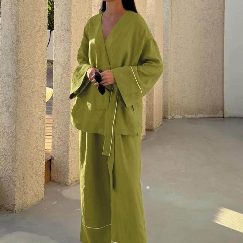 Damen Leinen-Wickelset Zweiteilig V-Ausschnitt Seitlich Gebundenes Oberteil Kontrast-Paspelierung Weite Schlaghose Lässiges Strand-Loungewear Passendes Outfit – Detail 16