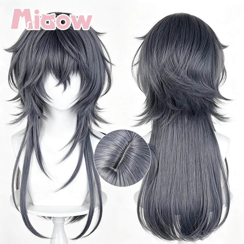 Game Arknights Logos Cosplay Wig,Blue‑Grey Layered Wolf‑Cut Long Wig, Heat Resistant Synthetic Hair for Cosplay Party