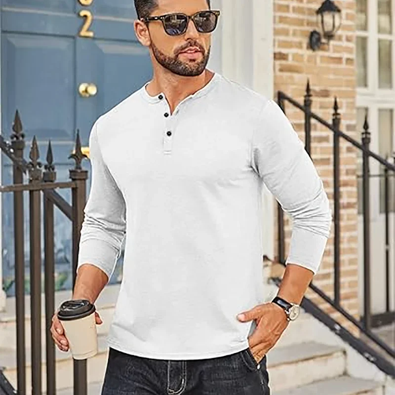 Herbst Herren Langarm Henley Shirts Baumwolle 3-Taste Frühling Casual T-Shirts Einfarbig Weiche Basic Tops Tees