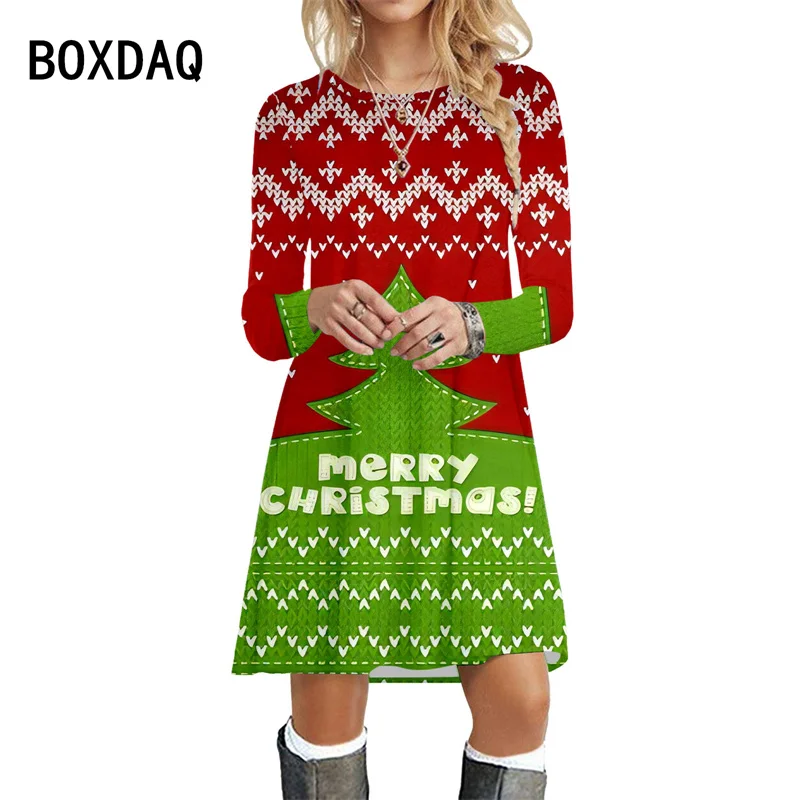 Newest Women's Christmas Dresses 3D Christmas Tree Christmas Deer Snowflake Pattern Dress Autumn Long Sleeve O-Neck A-Line Dress