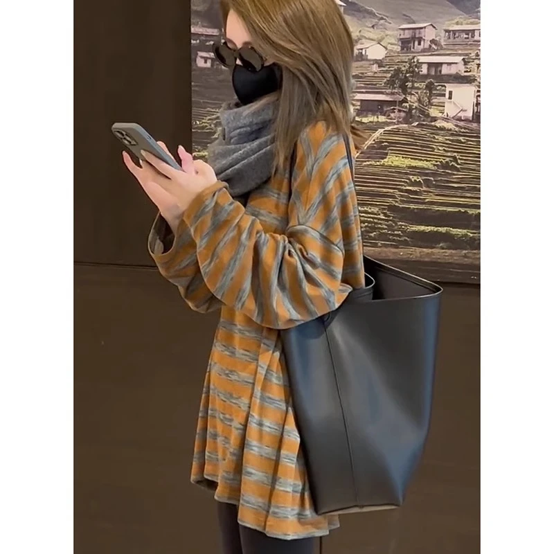 

Удобная женская футболка с длинным рукавом в полоску, мягкая базовая рубашка-топ с цветовыми блоками, повседневный корейский стиль, свободный крой