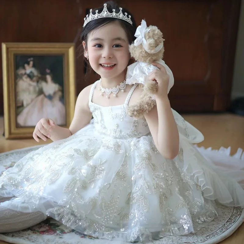 Sparkle เจ้าหญิงซาตินลูกไม้ Tulle ลูกปัดสาวชุด First Communion ชุดวันเกิดคริสต์มาสของขวัญงานแต่งงานวันเกิดแสดง