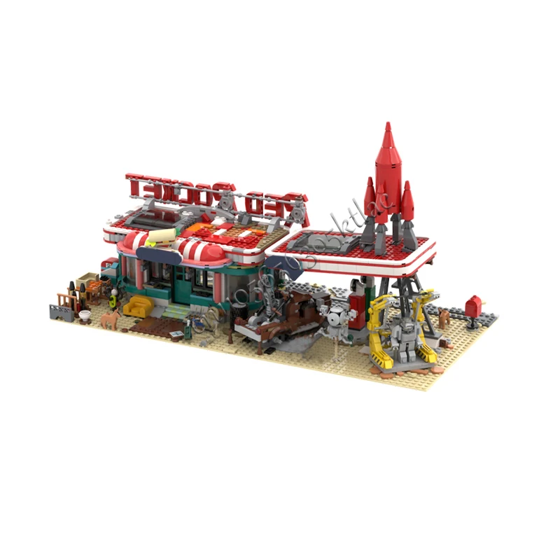 1996 PCS 창의적인 도시 거리 풍경 레드 로켓 모듈식 주유소 (폴아웃 MOC 빌딩 블록 모델 장난감) 어린이 크리스마스 선물