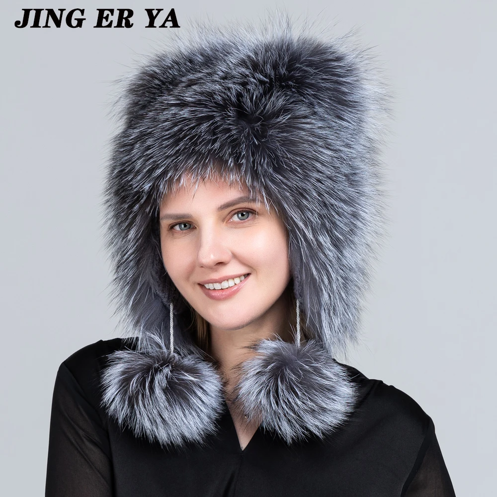 

JERYAFUR Winter Hat Woman Warm Cat Ushanka Balaclava Russian Fox Fur Trapper Women Bomber Hats Luxury Furry Snow Cap Earflap Fox