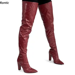 Rontic Women Winter Thigh Boots Crocodile Faux Leather Chunky Heels Pointed Toe Pretty Burgundy Black Party Shoes US Size 5-15