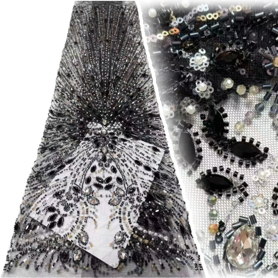 

2026 High-Quality Nigerian Tulle Sequin Lace Fabric African Groom Bead Embellished Lace Fabric for Wedding Party Dresses 2191