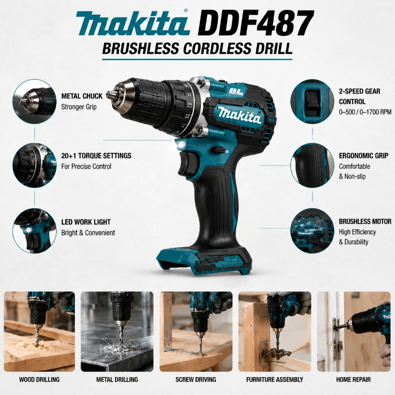 Original Makita 18V LXT Bürstenloser Akku-Bohrschrauber DDF487 10mm Hochleistungs-Elektroschrauber + BL1860B BL1840 6,0Ah Akkupack EU-Lager Schnelle Lieferung