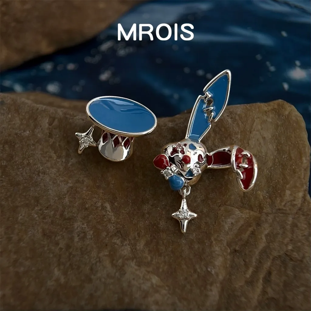 Mad Hatter~ Original enamel drop glaze red and blue contrasting color zircon stud earrings niche damaged rabbit sweet cool wind