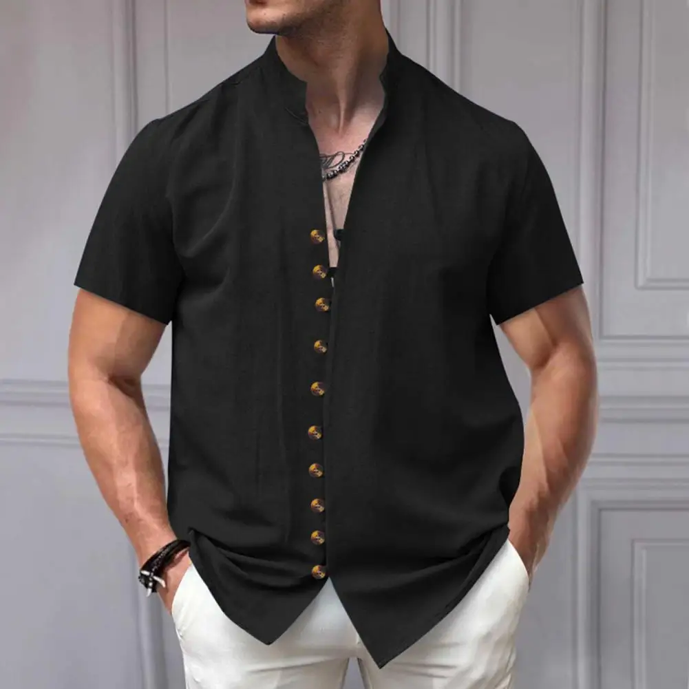 Men Linen Shirt Short Sleeve Button Down Stand Collar Casual Solid Color Lightweight Breathable Beach Shirt for Daily Wear