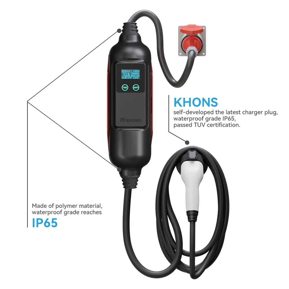 Khons GBT Draagbare EV-oplader 22KW Driefasig opladen Wallbox Opladen van elektrische voertuigen EVSE 32A EV-oplader 5m kabel