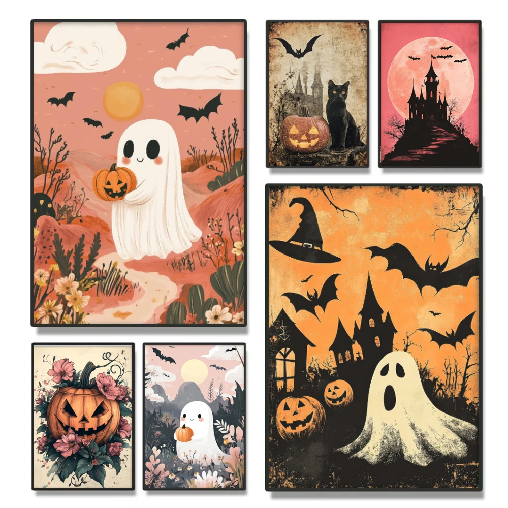 Autumn Vintage Skull Bat Art Canvas Print Gothic Halloween Castle Witch Poster Print Home Living Room Bedroom Decor
