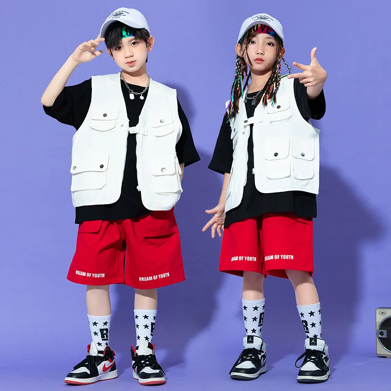 

Kids Hip Hop Clothing Sets White Waistcoat + Black Top + Shorts Teen Boys Street Dance Costumes Girls Jazz Performance Suits