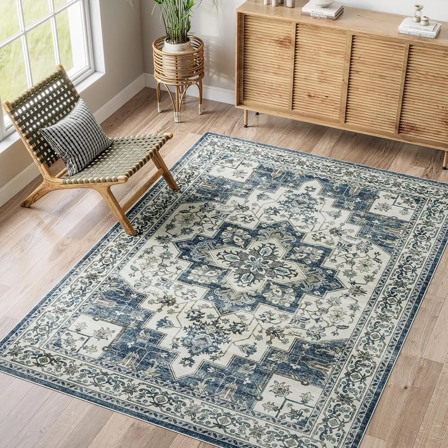 

Vintage 5X7 Area Rugs - Large Washable Area Rug For Living Room Bedroom Oriental Medallion Floral Print Floor Carpet Low-Pile