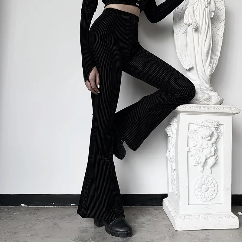 Women Gothic Punk Velvet Flare Pants High Waist Streetwear Vintage Aesthetic Skinny Pants Harajuku Grunge Hippie Trousers