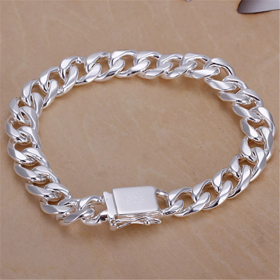 New High-end Women\'s Mens Fine S925 Sterling Silver Bracelet Fashion Jewelry Gift Men\'s 10MM Square Beautiful Gem