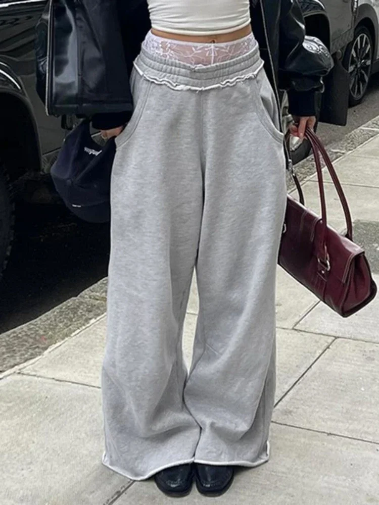 هوتشو عادية فضفاض رمادي Sweatpants النساء خمر Harajuku الهيب هوب السراويل الرياضية الشارع الشهير مستقيم الكورية موضة السراويل الصلبة