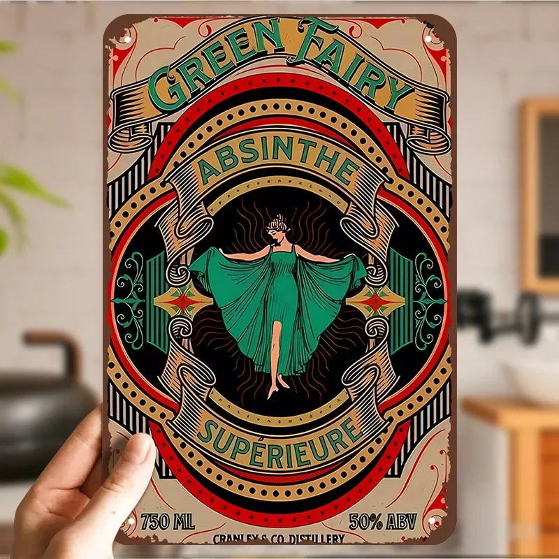 Vintage Green Fairy Absinthe Metal Wall Art Sign - Art Nouveau Style oz Bottle Illustration, Durable Iron Home Bar Decor, No Ele