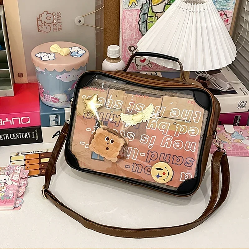 Y2K Fashion Vintage Ita Crossbody Bag Cute Girl Transparent Shoulder Bag  Students DIY Display Handbag New Women PU Purses Сумка