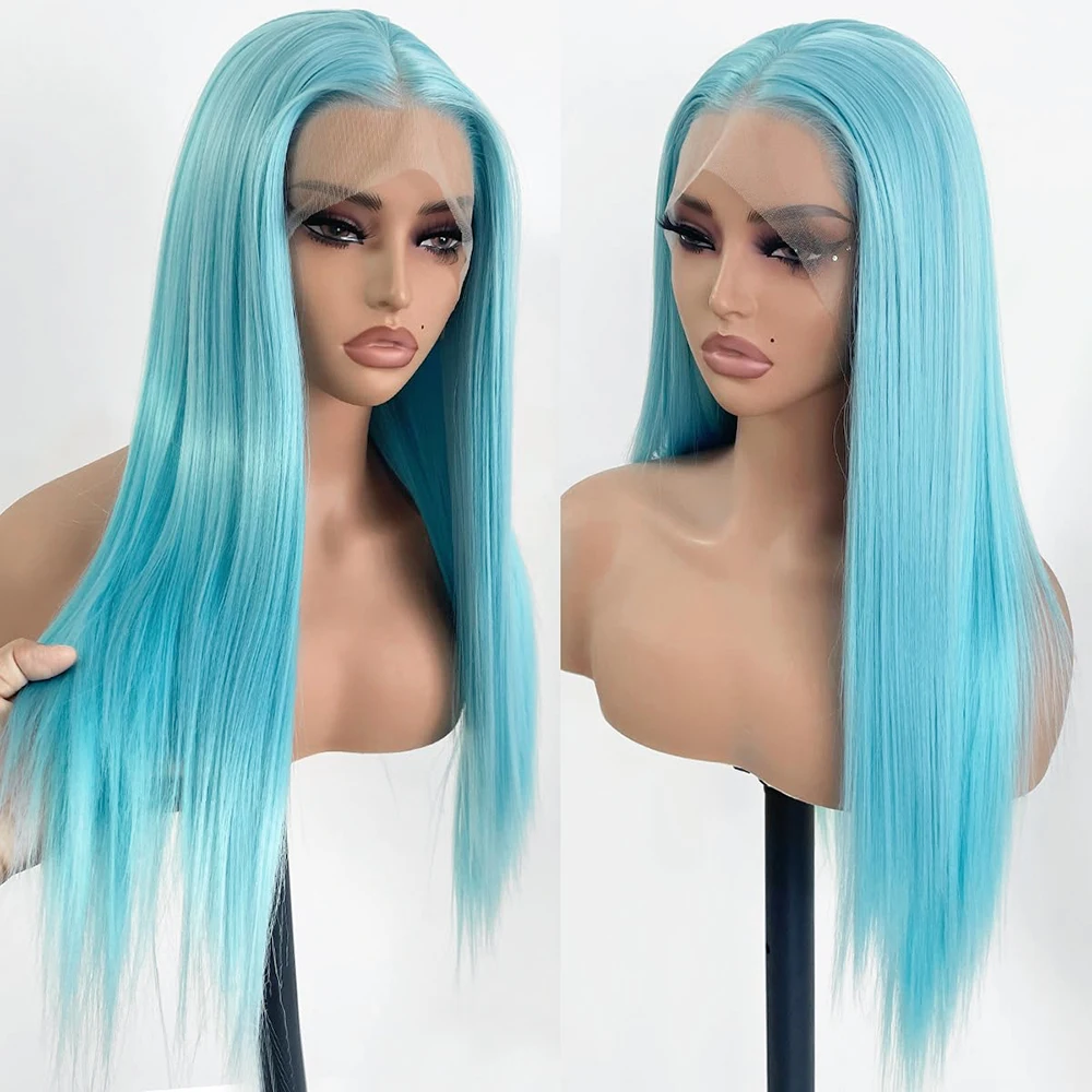 

FANXITION Sky Blue Long Synthetic Wigs for Women Straight Lace Front Wig Heat Fiber Cosplay Frontal Lace Wig Natural Hairline