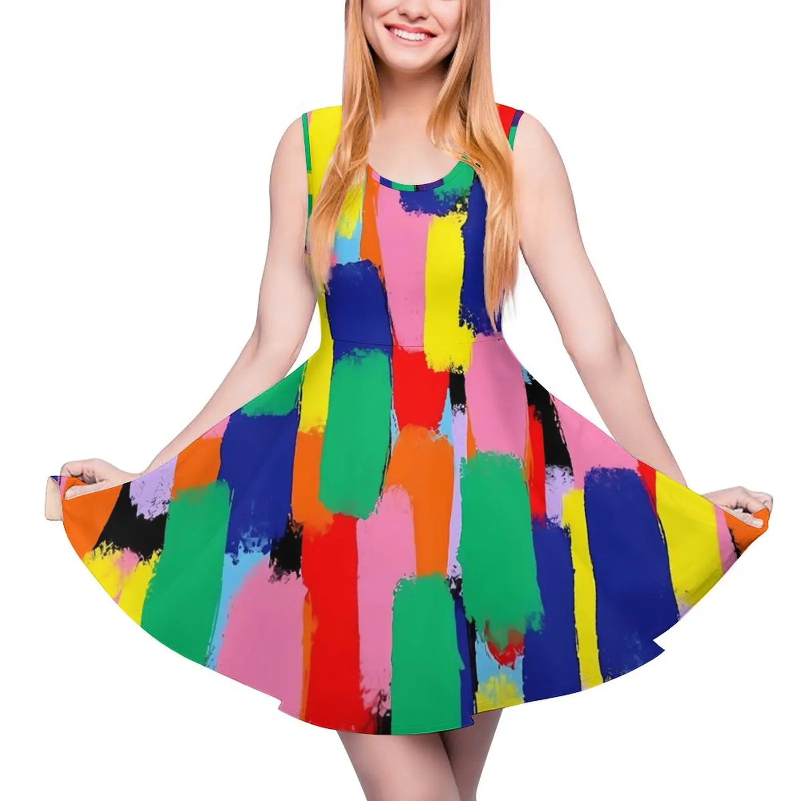 Paint Brush Print Dress Abstract Rainbow Aesthetic Dresses Women Boho Skate Dress Summer Custom Vestido Big Size 3XL 4XL