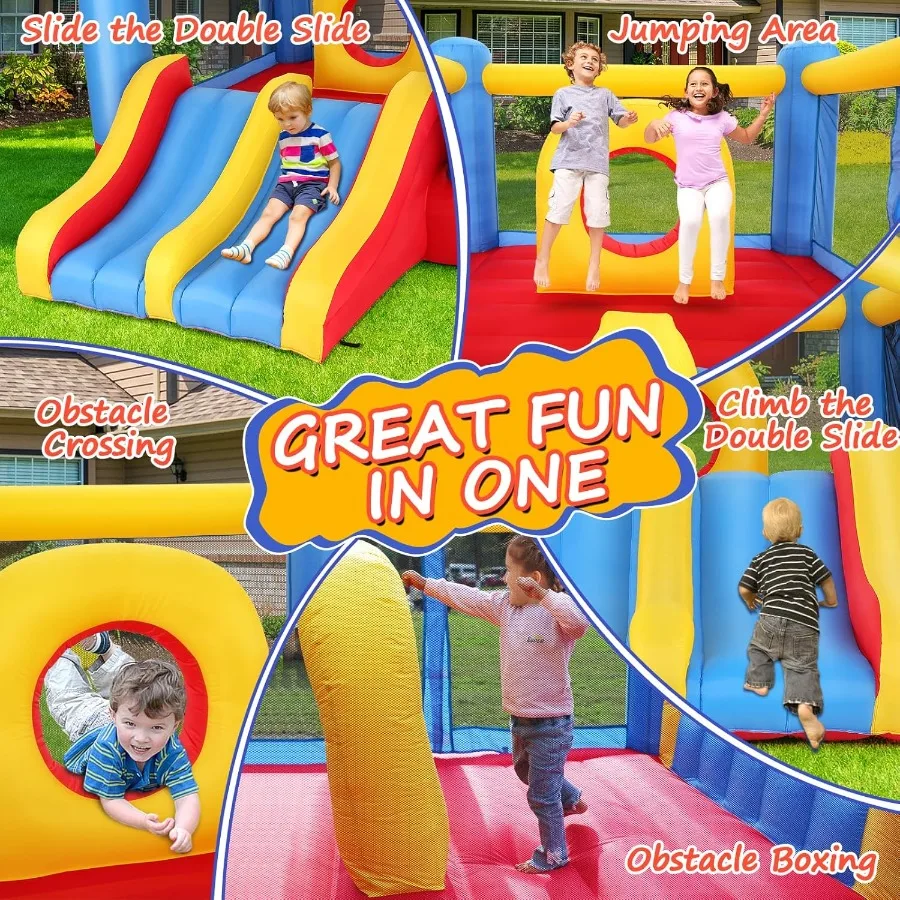Springkasteel voor kinderen 3-6, 12,6x9 FT opblaasbaar springkasteel met hindernisbaan voor kinderen, groot springgebied, dubbele glijbaan, uit