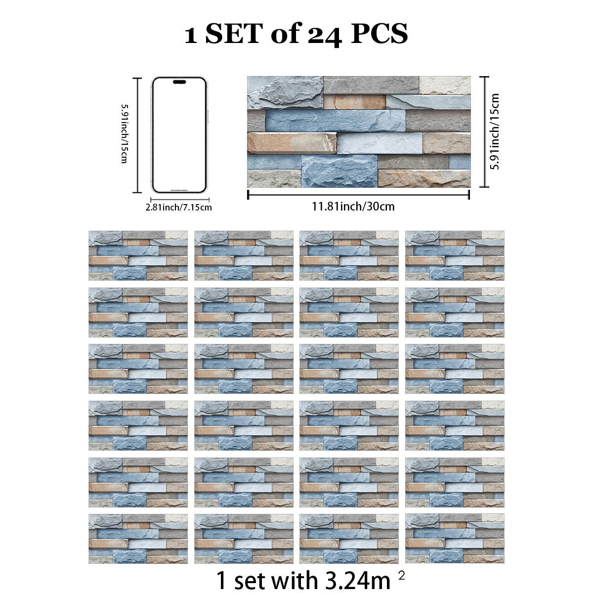 24PCS blue, brown simulation brick marble pattern 3D effect crystal kitchen stickers waterproof and oil-proof kitchen wall stick