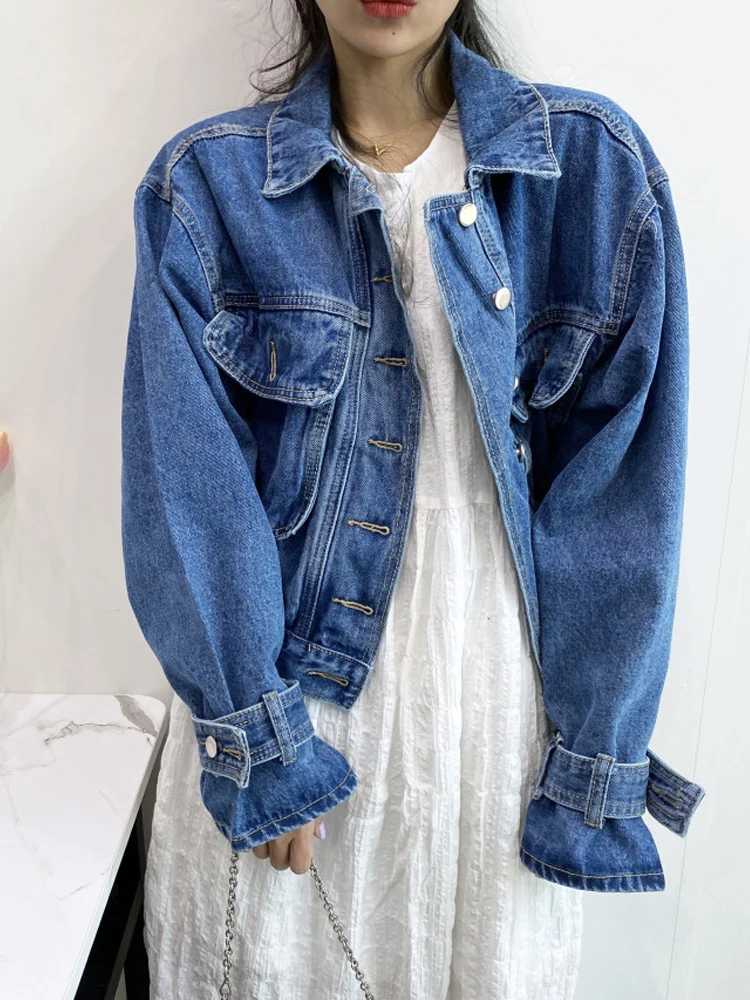 

Женская джинсовая куртка в стиле ретро Sle Loose Fit Hong Kong Sle Faion Design Classic Biker Jaet Warmth Long Sve...