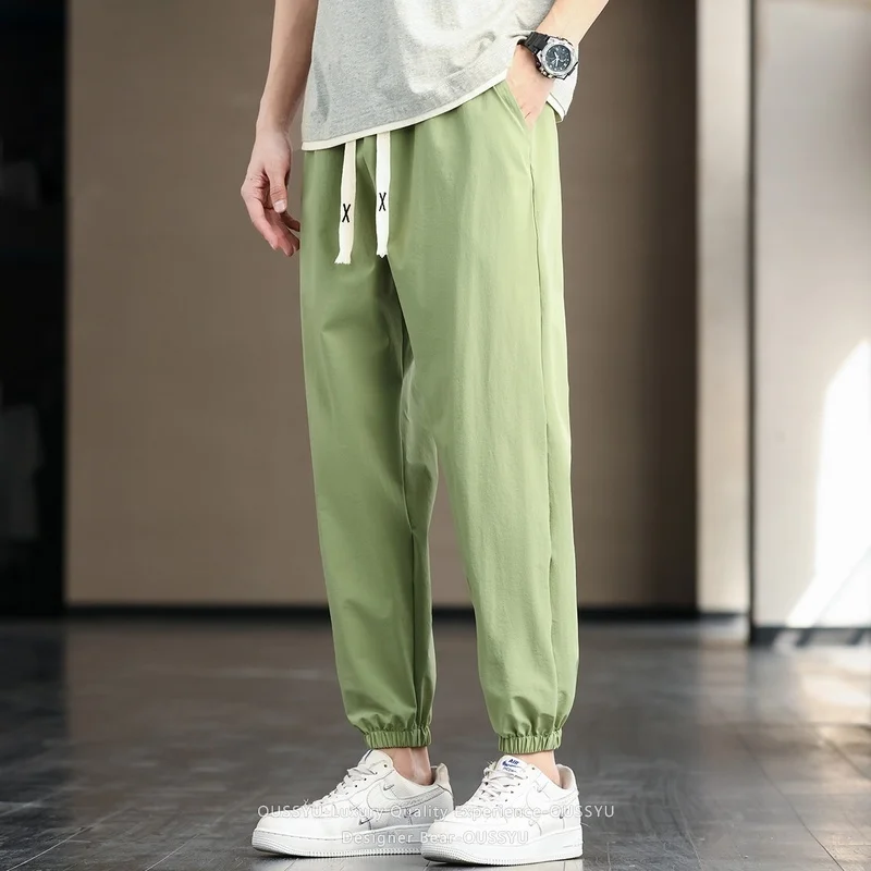 2026 New Summer Thin Ankle Length Tapered Casual Pants Men Baggy Elastic Waist Drawstring Korean Grey Green Harlan Trousers Man view 3