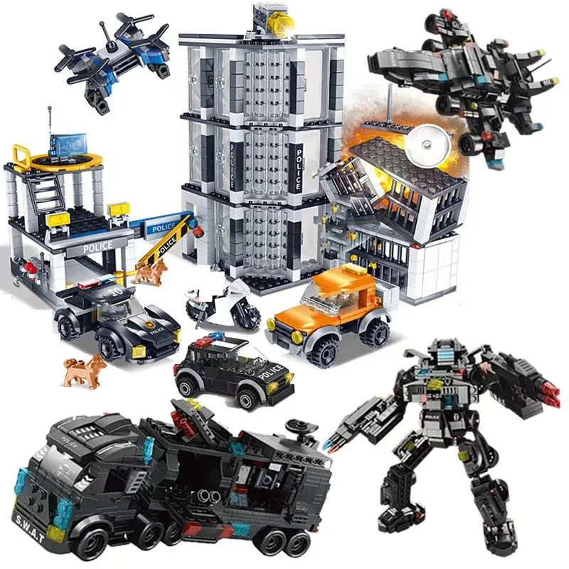 Forma de edifício policial em bloco de 1000 blocos, carro de polícia urbano preto, blocos de carro, decoração de construção de polícia em bloco, conjunto de blocos, Natal leste
