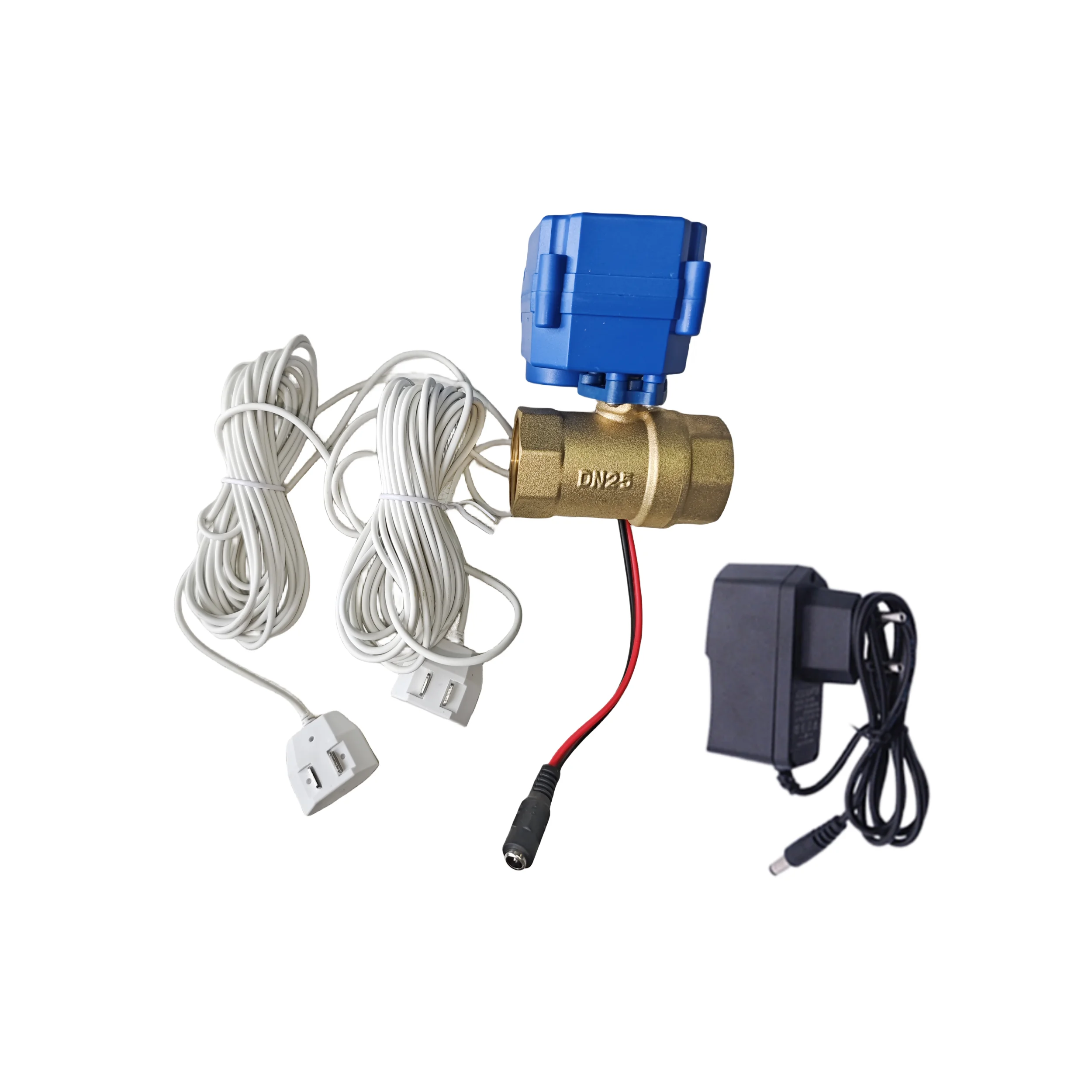 Anti Overflow Water Leak Detector DN25 Smart Valve Set with 2pcs Water Sensor Cable for 1-inch Pipe Anti Leak Protection System