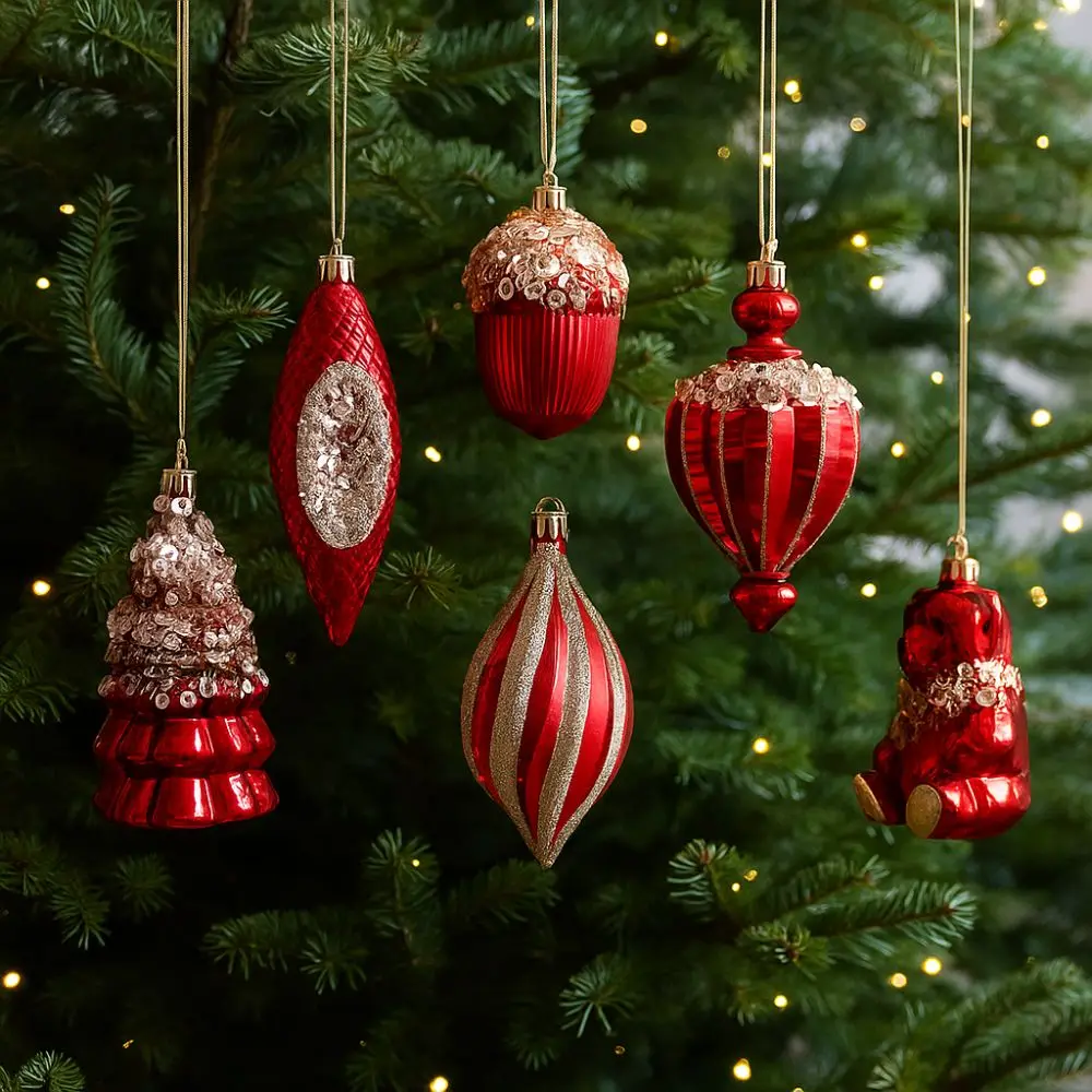 Ornamen Pohon Natal Merah Bentuk Acorn Plastik Berkilau Beruang Kecil Anti Pecah Kerajinan DIY Bola Gantung Natal