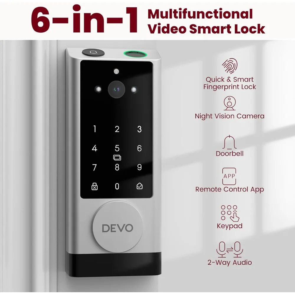 DEVO G1 Video Smart Lock with Camera & Doorbell, 6-in-1 Keyless Entry Door Lock with Fingerprint, App Remote, Auto Locks, Built-