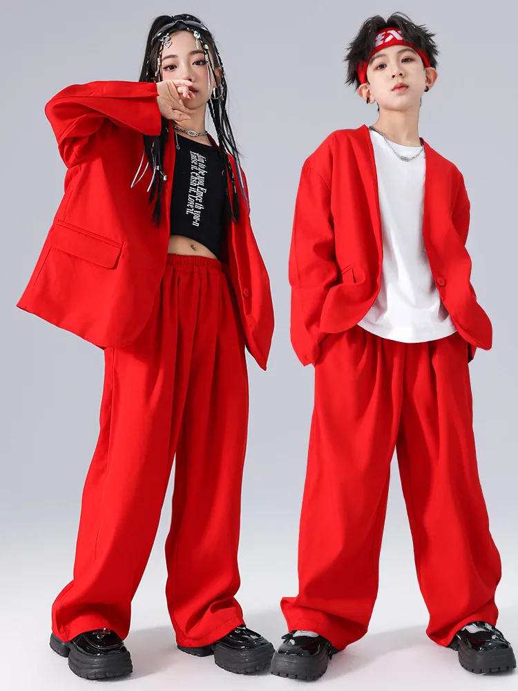 New Girls Hip Hop Dance Clothes Red suit set Black Letter Print Vest White Short sleeve Boys Jazz Dance Drum Performance Wear