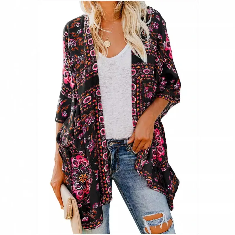 2024 Women's Summer New Patchwork Round Neck Printing Button Pocket Batwing Sleep Fashion Casual Office Lady 3/4 Sleeve Shirts