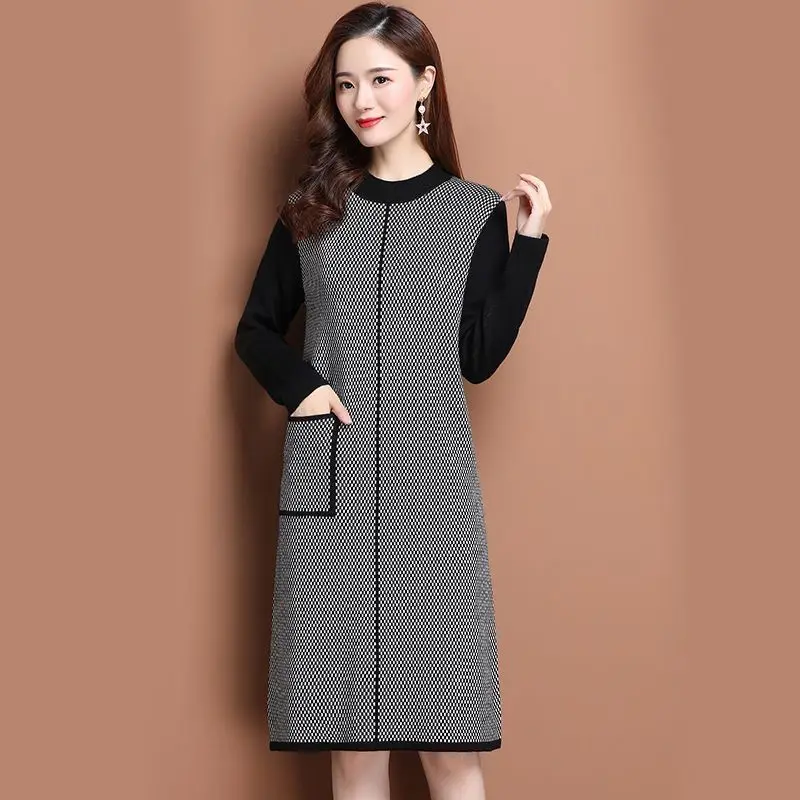 Oversize Women Dresses For Autumn Winter 2024 New Fashion Pockets Half High Collar Pullover Patchwork Office Lady Clothes Dress