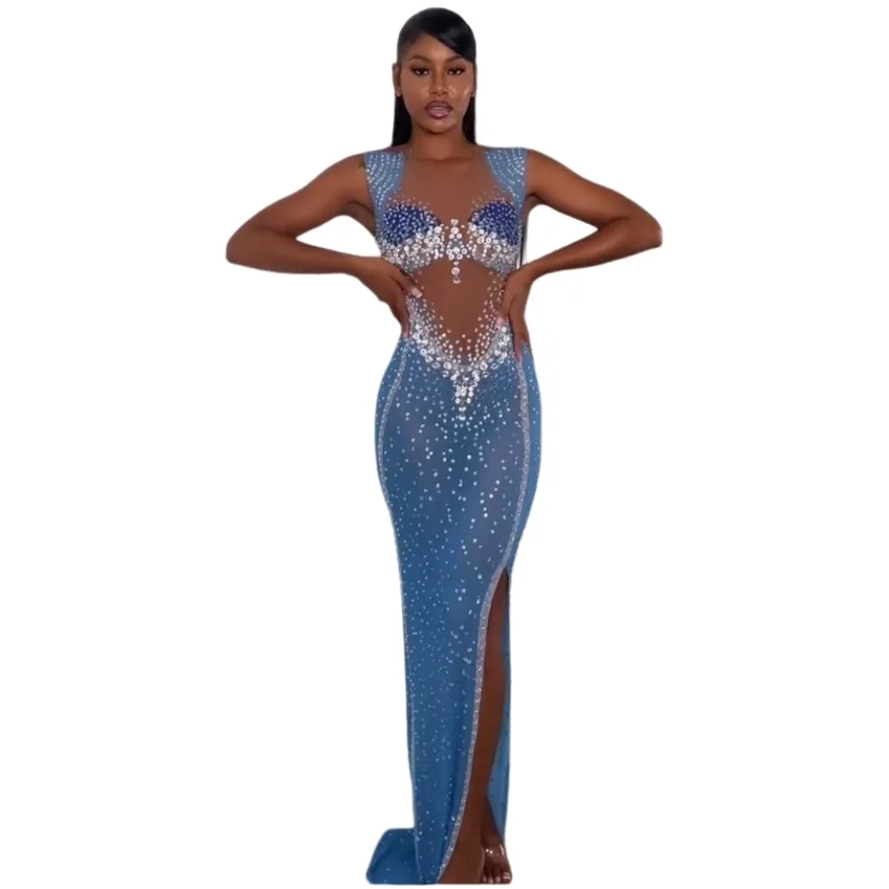 

New Fashion Shiny Rhinestones Evening Dresses Sexy Hollow-out Perspective Wedding Party Gown Festival Outfit Stage Gogo Costumes