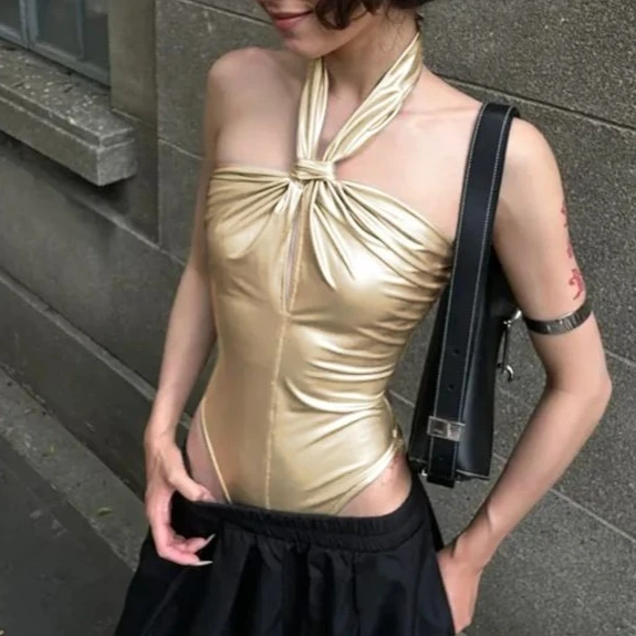 Sexy Women Golden Halter Cami Tank Top Y2K Streetwear Twisted Knot Slim Fit Sleeveless One Piece Bodysuit For Club Party